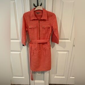 Sharagano Collared Short Sleeve Zipper Front Belted Solid Rayon Dress